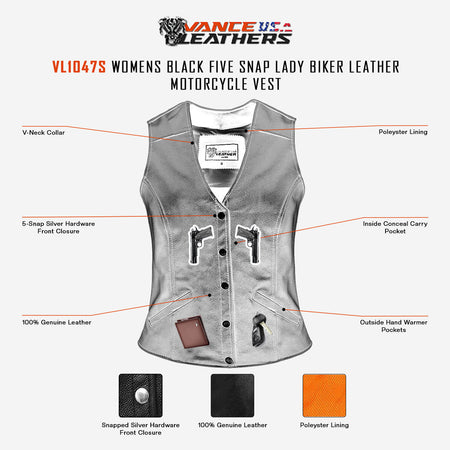 Vance-VL1047S-Womens-Black-Five-Snap-Lady-Biker-Leather-Motorcycle-Vest-Infographics