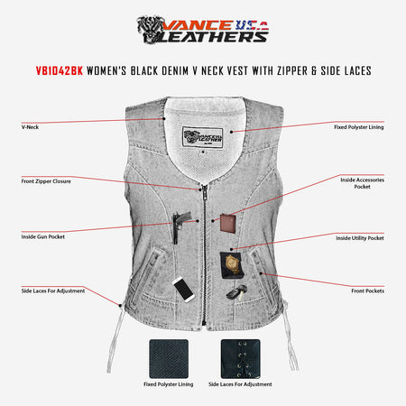 VB1042 Women's Black & Blue Denim V Neck Vest with Zipper & side laces infographic
