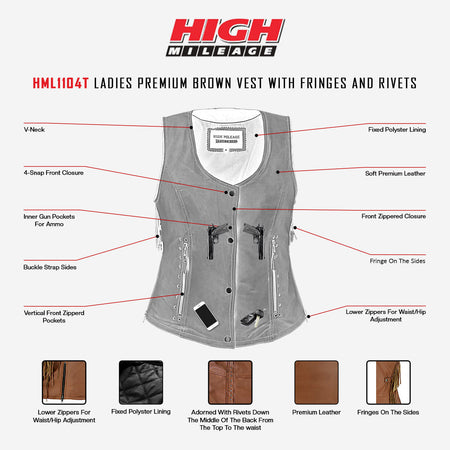 HML1104T Ladies Premium Brown Vest with Fringes and Rivets infographic