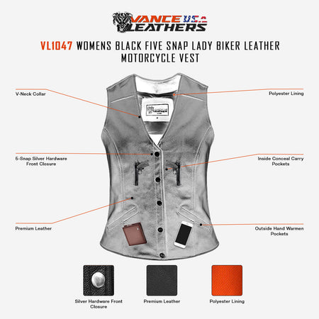 Vance Womens Black Five Snap Lady Biker Leather Motorcycle Vest infographic