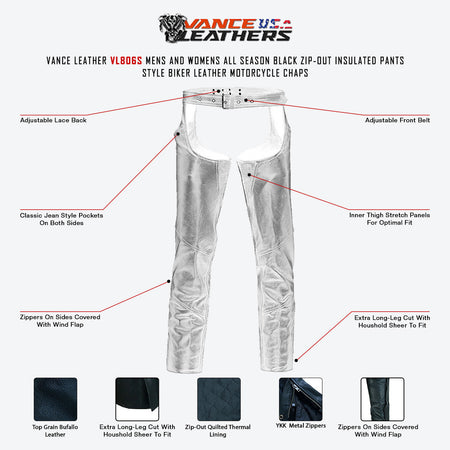 Vance Leather VL806S Mens and Womens All Season Black Zip-out Insulated Pants Style Biker Leather Motorcycle Chaps - Infographics