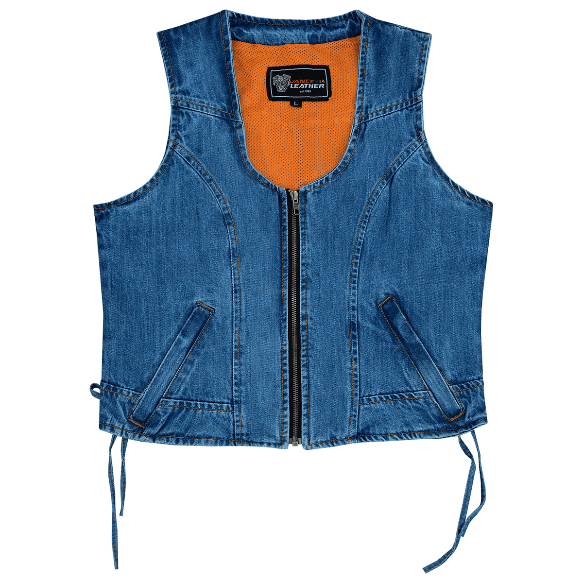 Vance-VB1042BL-Womens-Blue-Denim-V-Neck-Vest-Zipper-side-laces-Motorcycle-Vest-Front-view