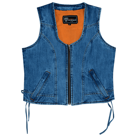 Vance-VB1042BL-Womens-Blue-Denim-V-Neck-Vest-Zipper-side-laces-Motorcycle-Vest-Front-view