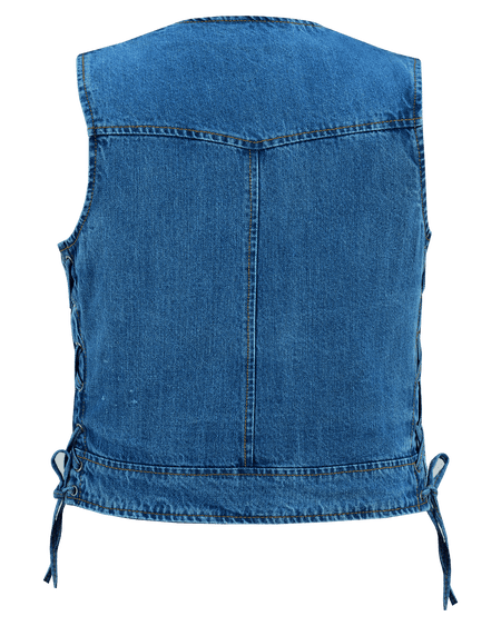 Vance-VB1042BL-Womens-Blue-Denim-V-Neck-Vest-Zipper-side-laces-Motorcycle-Vest-back-view
