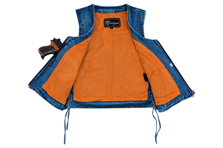 Vance-VB1042BL-Womens-Blue-Denim-V-Neck-Vest-Zipper-side-laces-Motorcycle-Vest-inner-view