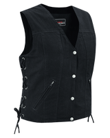 Vance-VB1045BK-Womens-Black-Denim-V-Neck-Vest-with-Snap-opening-&-side-laces-Motorcycle-Vest-main