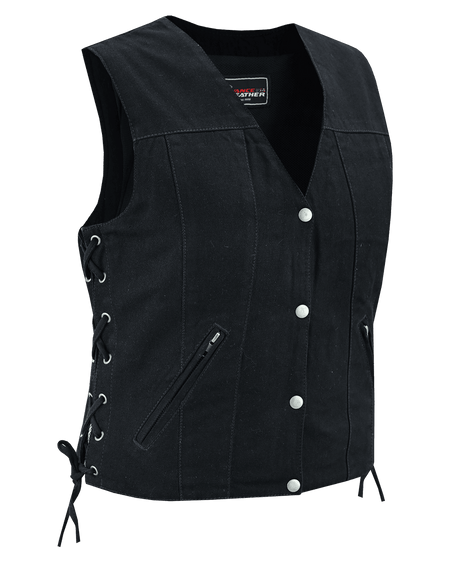Vance-VB1045BK-Womens-Black-Denim-V-Neck-Vest-with-Snap-opening-&-side-laces-Motorcycle-Vest-main
