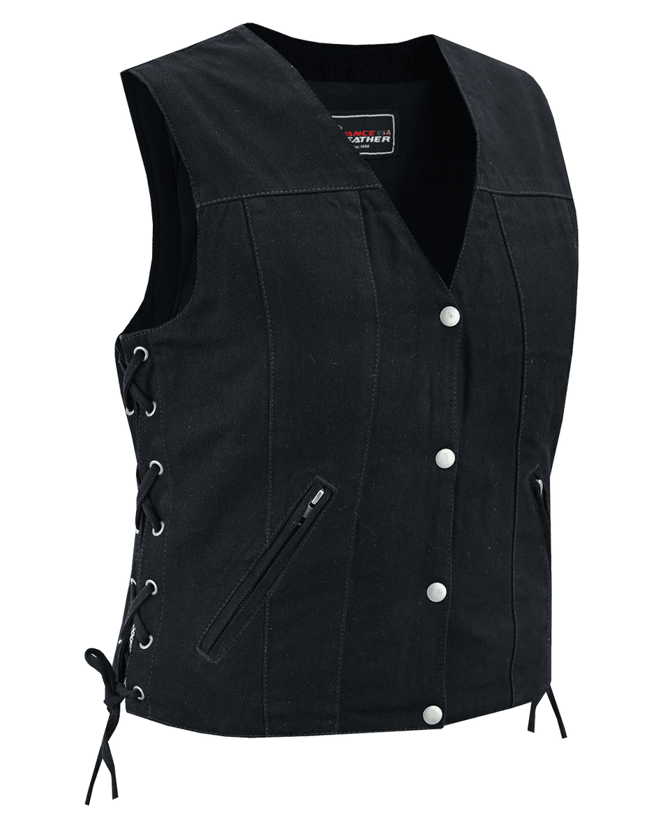 Vance-VB1045BK-Womens-Black-Denim-V-Neck-Vest-with-Snap-opening-&-side-laces-Motorcycle-Vest-main