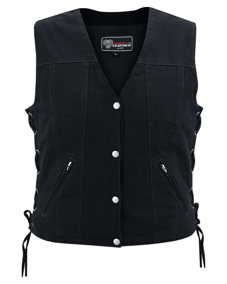 Vance-VB1045BK-Womens-Black-Denim-V-Neck-Vest-with-Snap-opening-&-side-laces-Motorcycle-Front-view