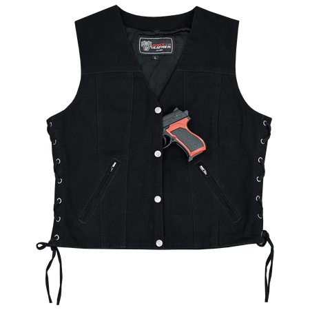 Vance-VB1045BK-Womens-Black-Denim-V-Neck-Vest-with-Snap-opening-&-side-laces-Motorcycle-Front-view