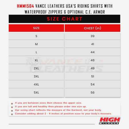Vance Leathers USA's Riding Shirts W/Waterproof Zippers & C.E. Armor -  Sizechart