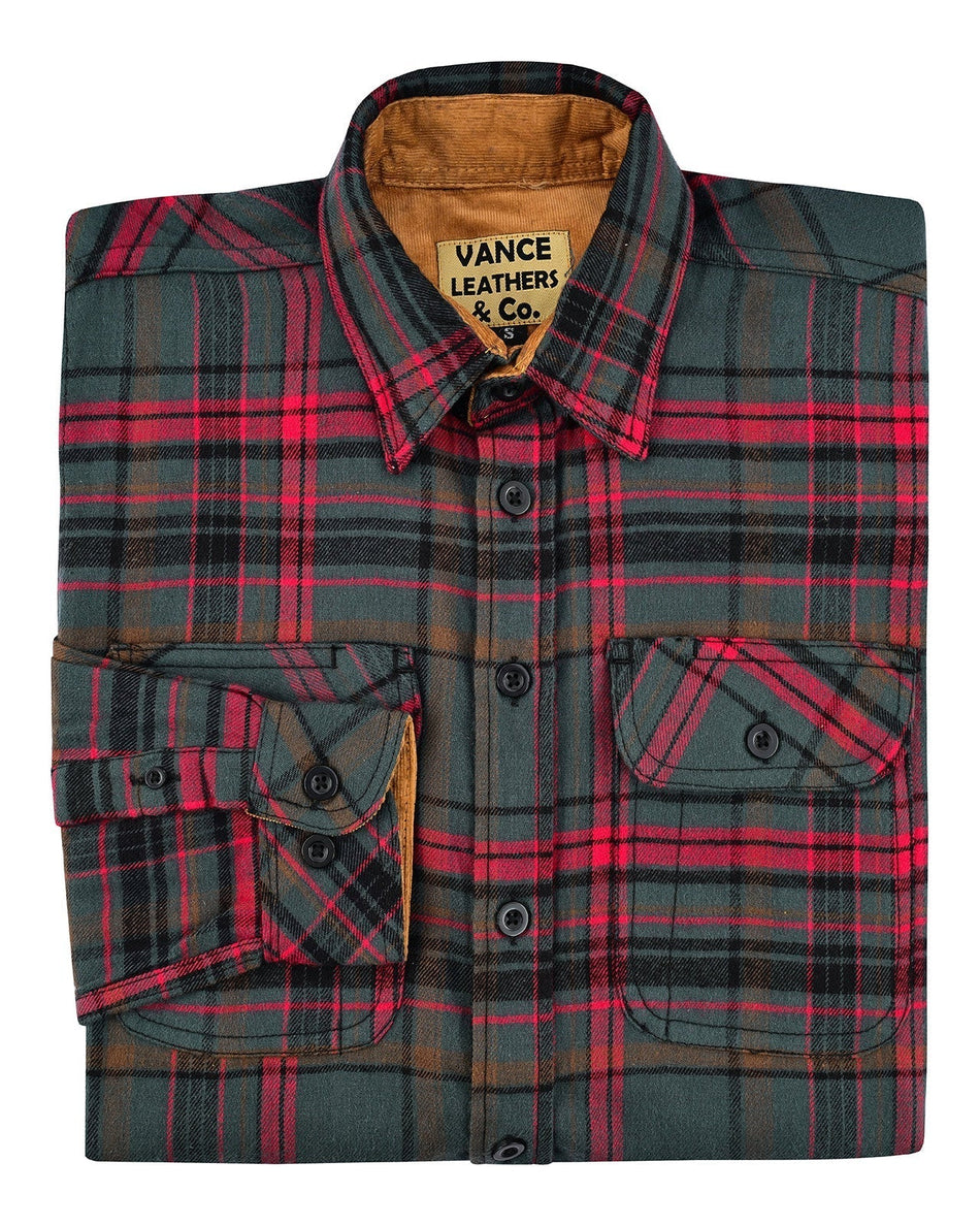 VB1714GR - Woodlot Men's Long Sleeve Plaid Button Down Casual Flannel Shirt, 100% Cotton, Corduroy Cuffs