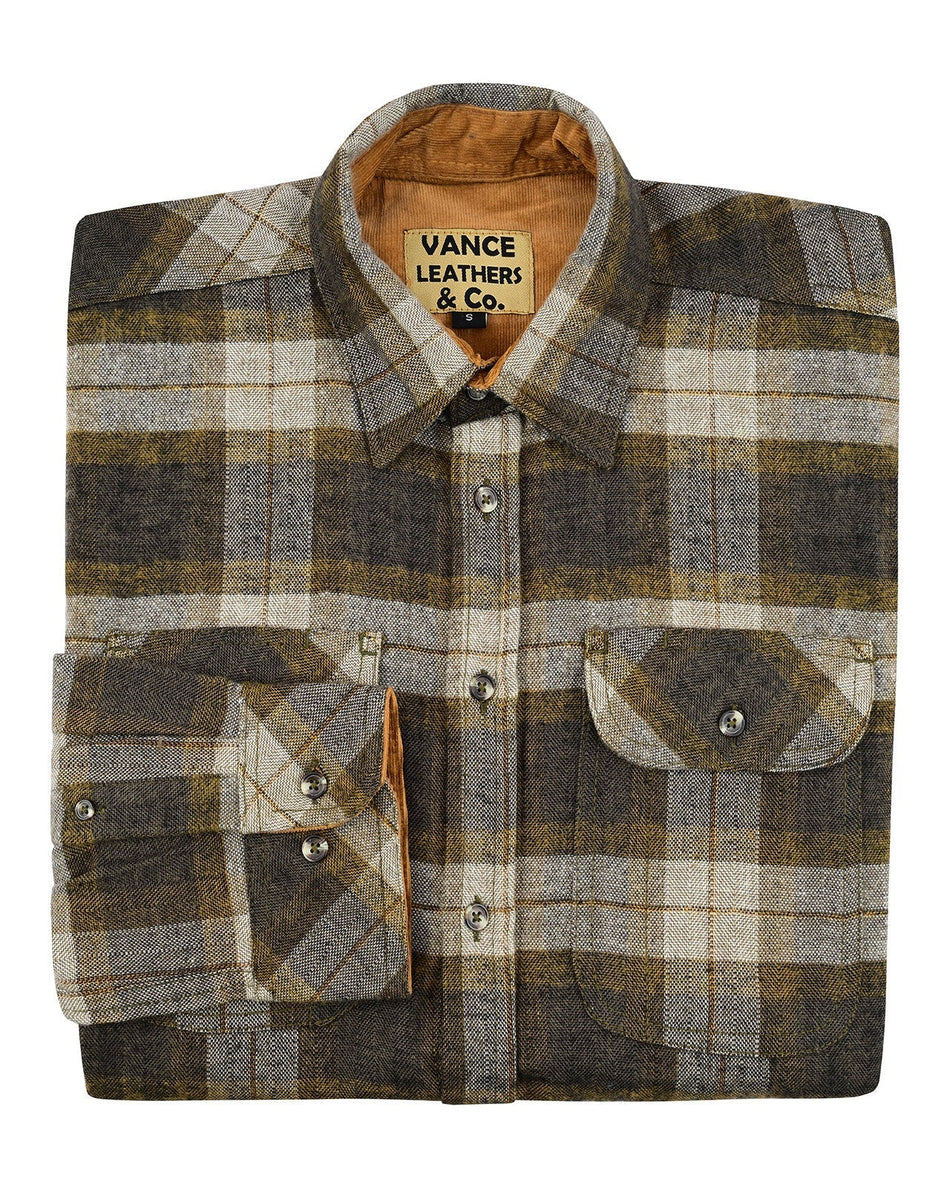 Vance Leather VB1713TG Tuscan Gold Men's Long Sleeve Plaid Button Down Casual Flannel Shirt, 100% Cotton, Corduroy Cuffs