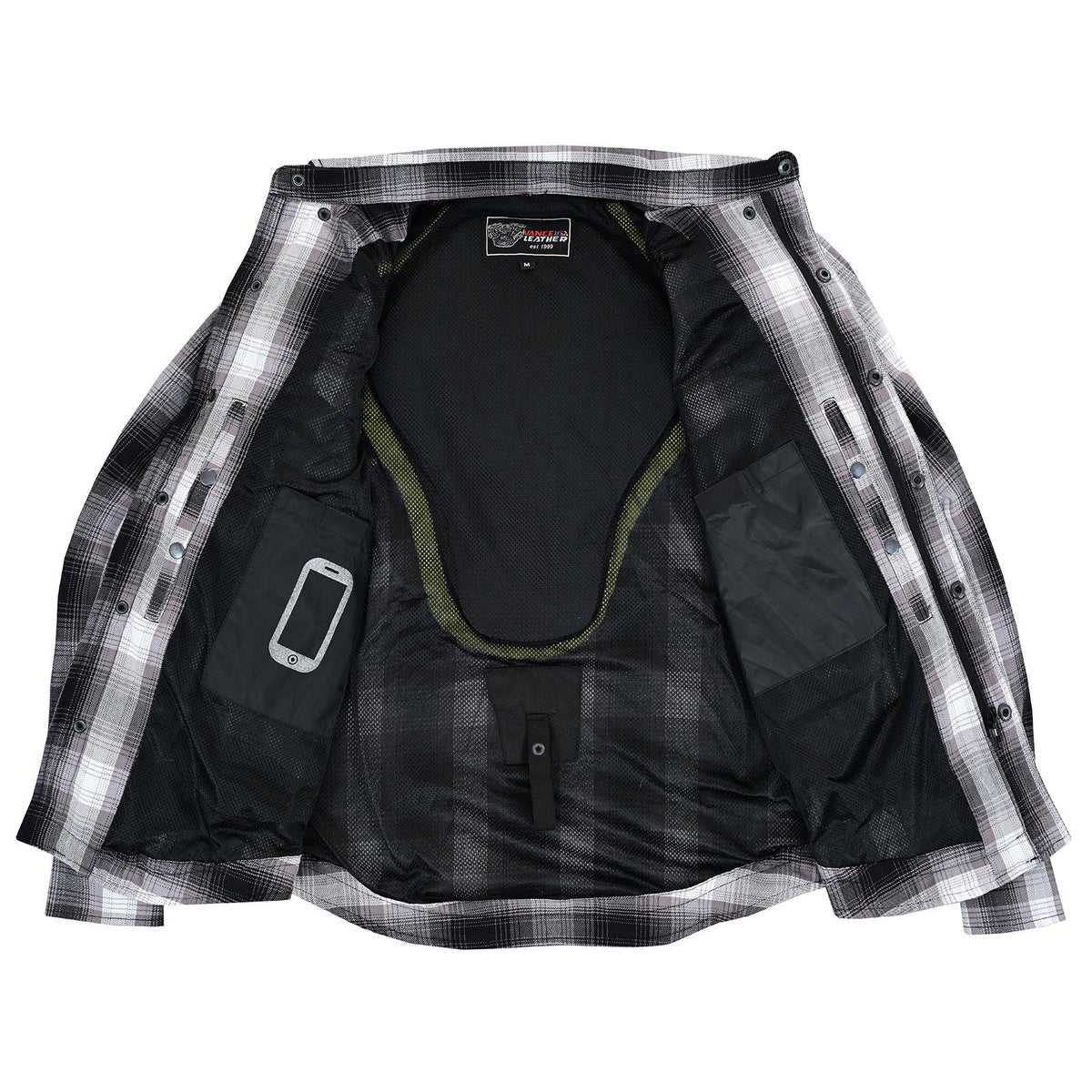 Men’s Timberwolf Armored Flannel Motorcycle Shirt w/Underarm Ventilation & CE Approved Armor Reinforced w/Aramid Fiber - Inside View