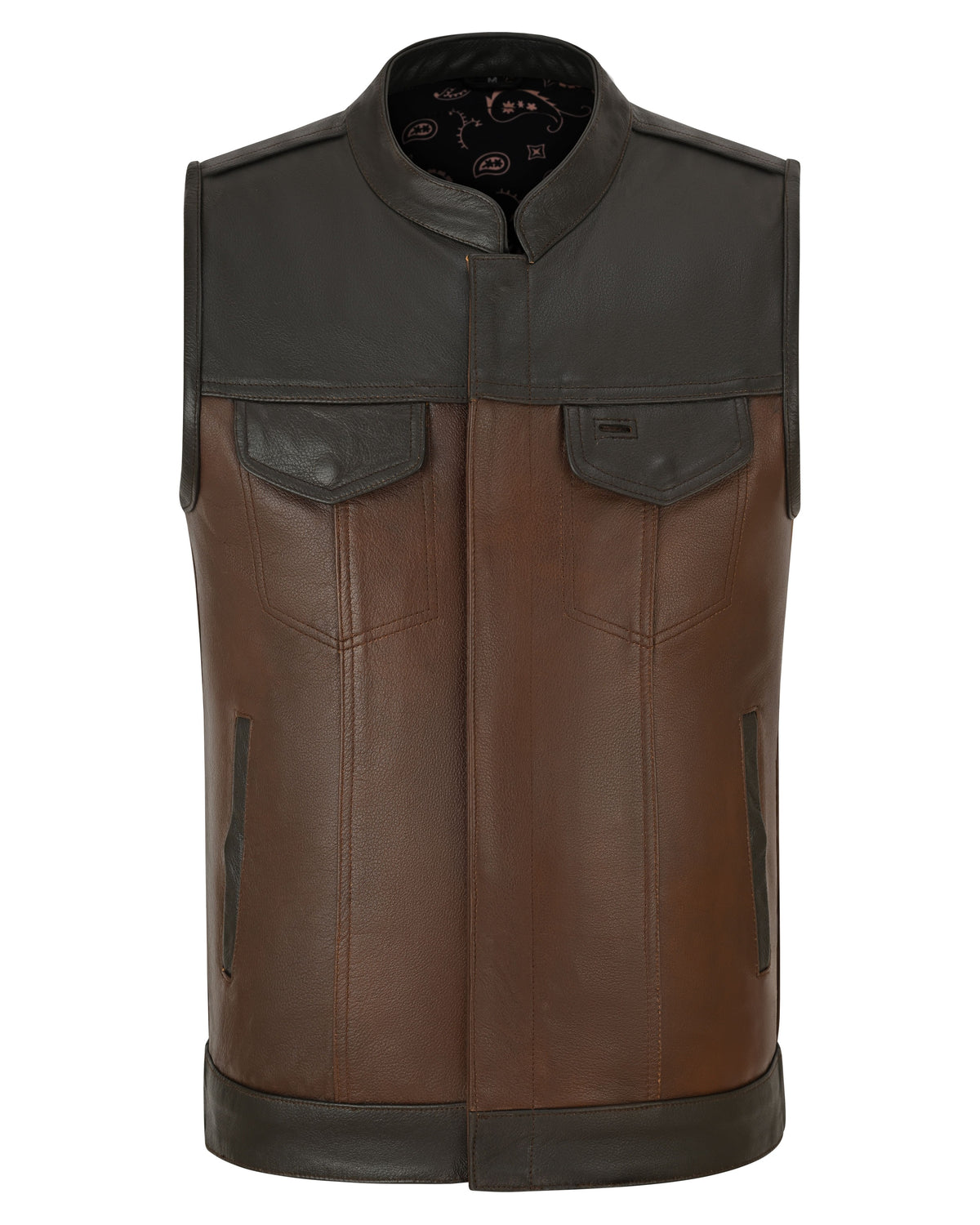 Vance VL914BrP Men's Two-Tone Brown & Black Leather Motorcycle Riding Club Vest with Paisley Liner & CCW Pockets - main