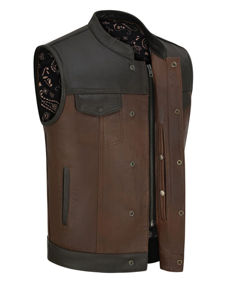 Vance VL914BrP Men's Two-Tone Brown & Black Leather Motorcycle Riding Club Vest with Paisley Liner & CCW Pockets - dual closure