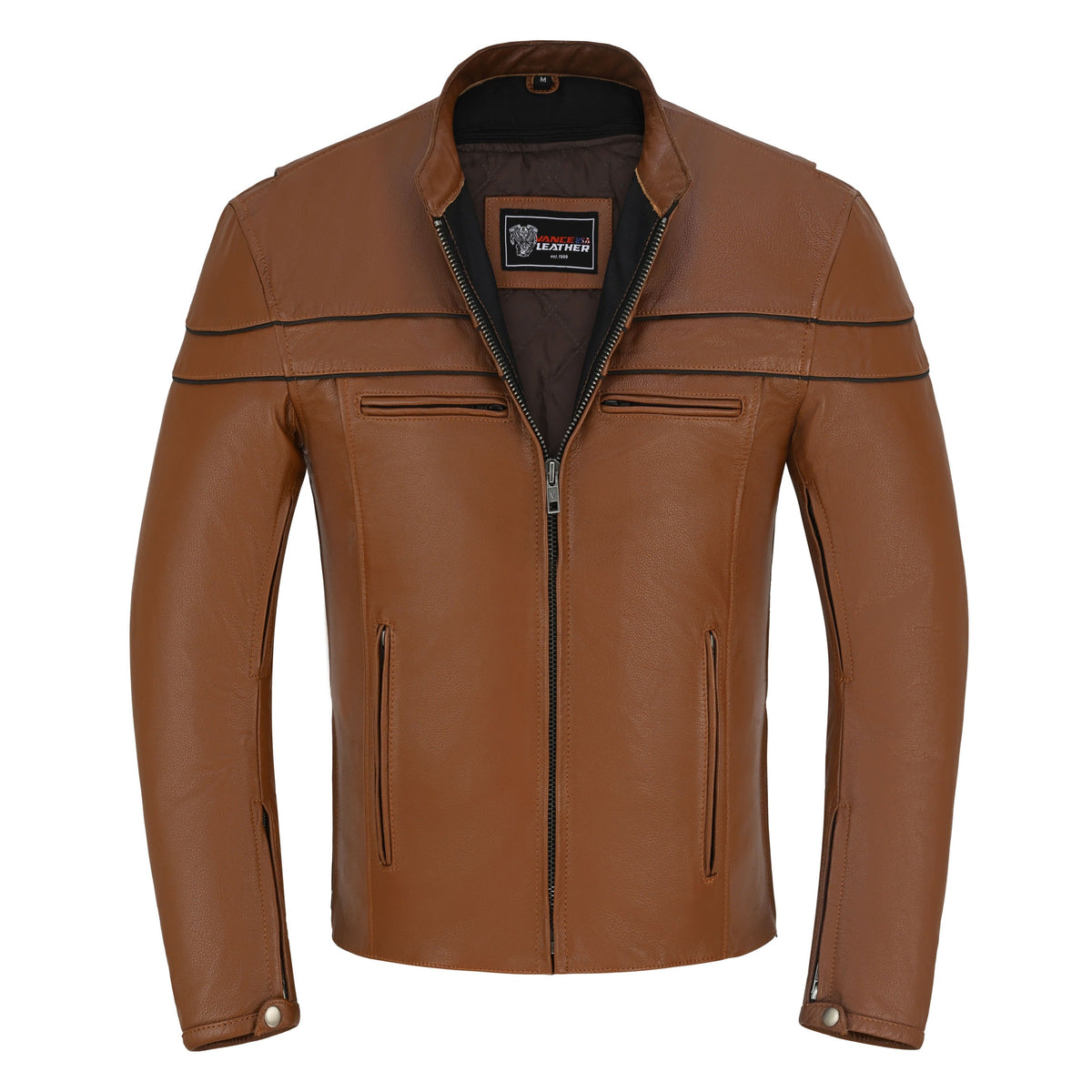 Men's Cognac Brown Premium Cowhide Cafe Racer Leather Motorcycle Jacket with Zipper Vents - Opened Zipper