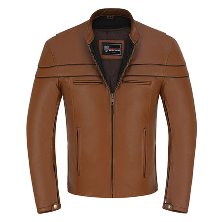 Men's Cognac Brown Premium Cowhide Cafe Racer Leather Motorcycle Jacket with Zipper Vents - Opened Zipper