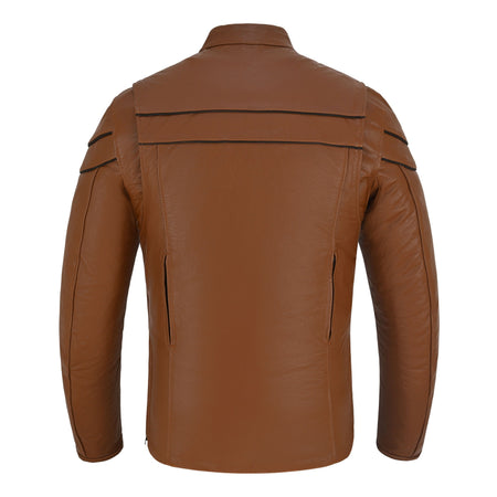 Men's Cognac Brown Premium Cowhide Cafe Racer Leather Motorcycle Jacket with Zipper Vents - Back