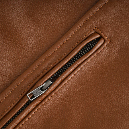 Men's Cognac Brown Premium Cowhide Cafe Racer Leather Motorcycle Jacket with Zipper Vents - Zipper pocket