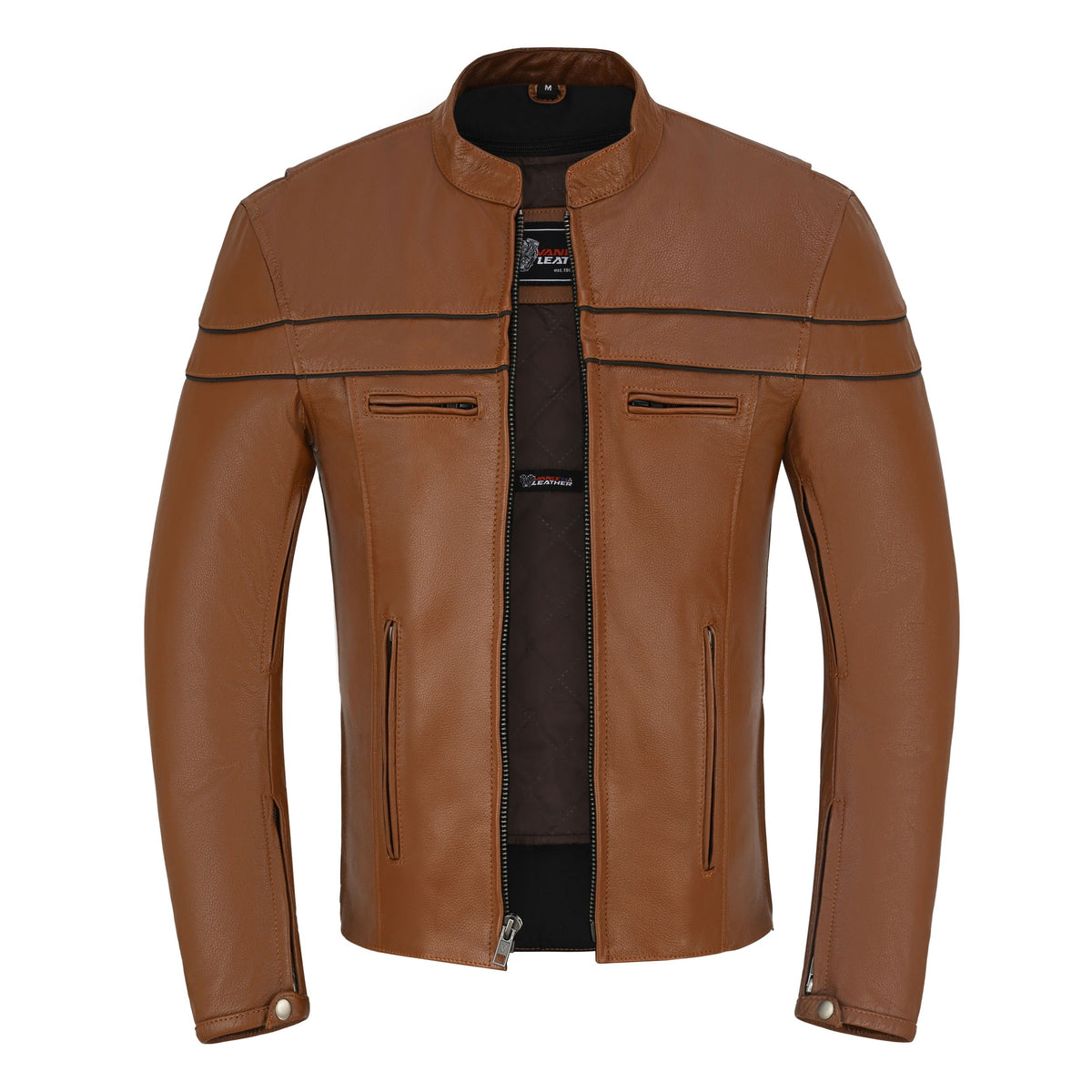 Men's Cognac Brown Premium Cowhide Cafe Racer Leather Motorcycle Jacket with Zipper Vents - Main