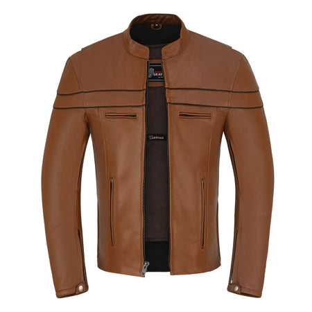 Men's Cognac Brown Premium Cowhide Cafe Racer Leather Motorcycle Jacket with Zipper Vents - Main