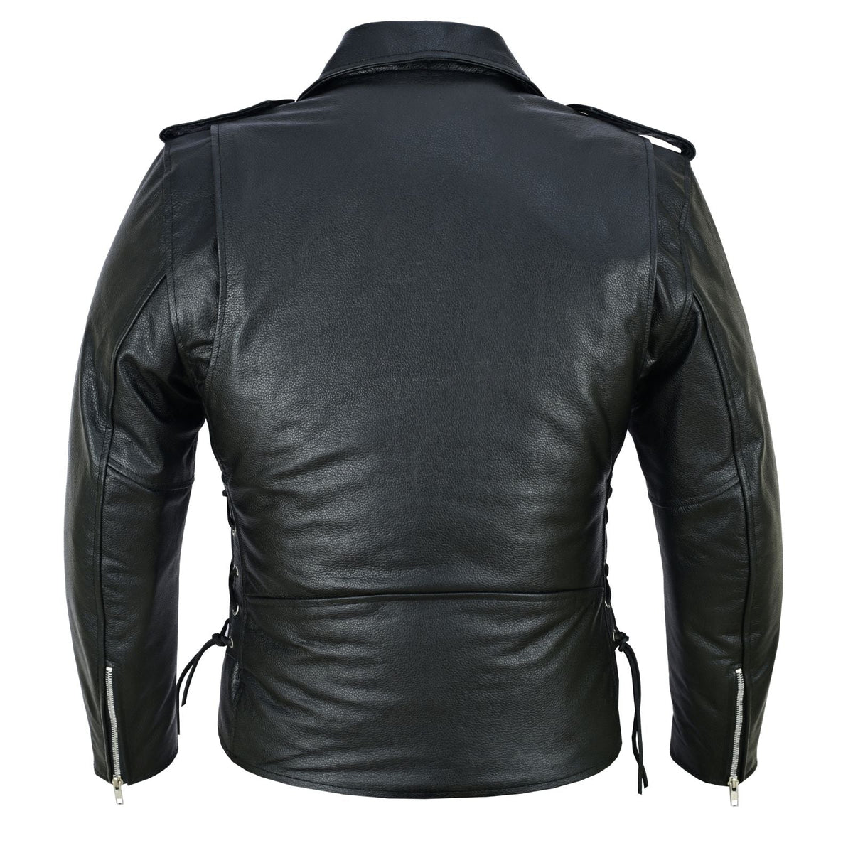 Men's Black Leather Motorcycle Jacket with CE Armor, Classic Biker Style w/ Side Lace & Belted Waist - Back View