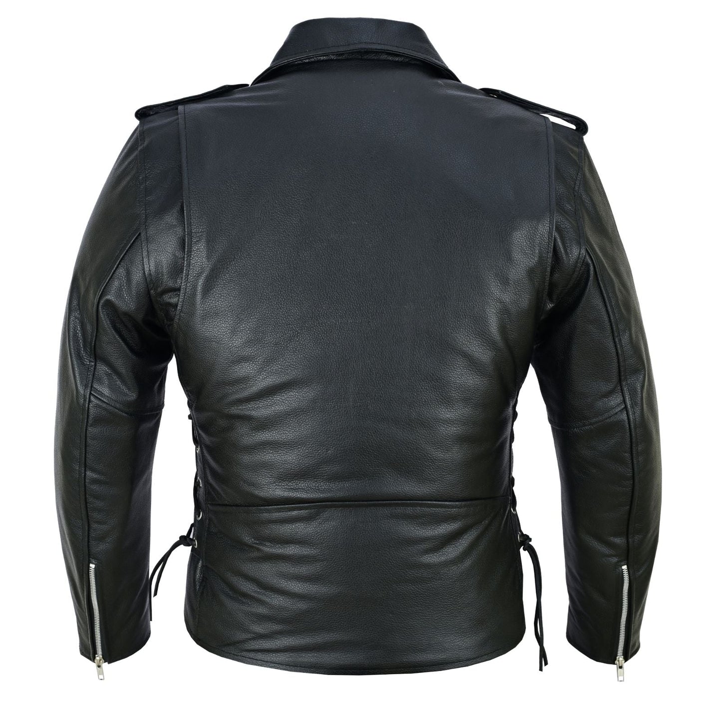Men's Black Leather Motorcycle Jacket with CE Armor, Classic Biker Style w/ Side Lace & Belted Waist - Back View