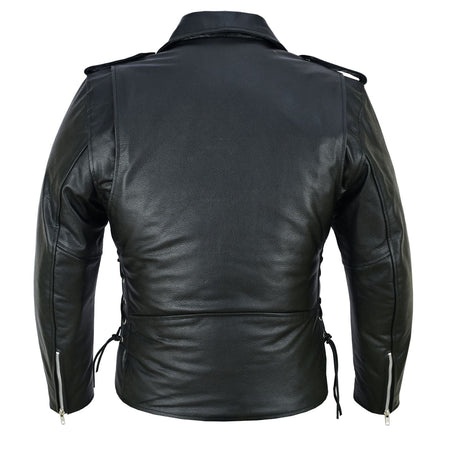 Men's Black Leather Motorcycle Jacket with CE Armor, Classic Biker Style w/ Side Lace & Belted Waist - Back View