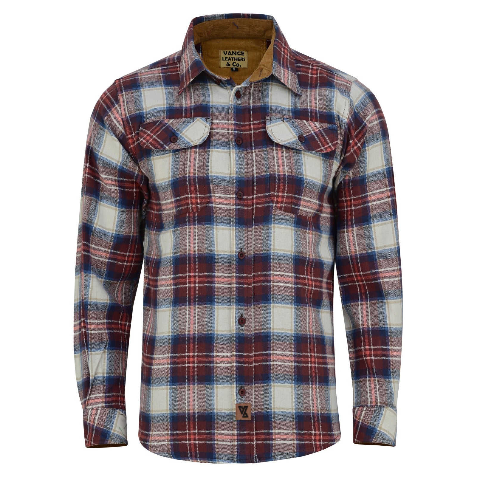 mens-merlot-long-sleeve-plaid-button-down-casual-flannel-shirt-corduroy-collar-cuffs-front-view
