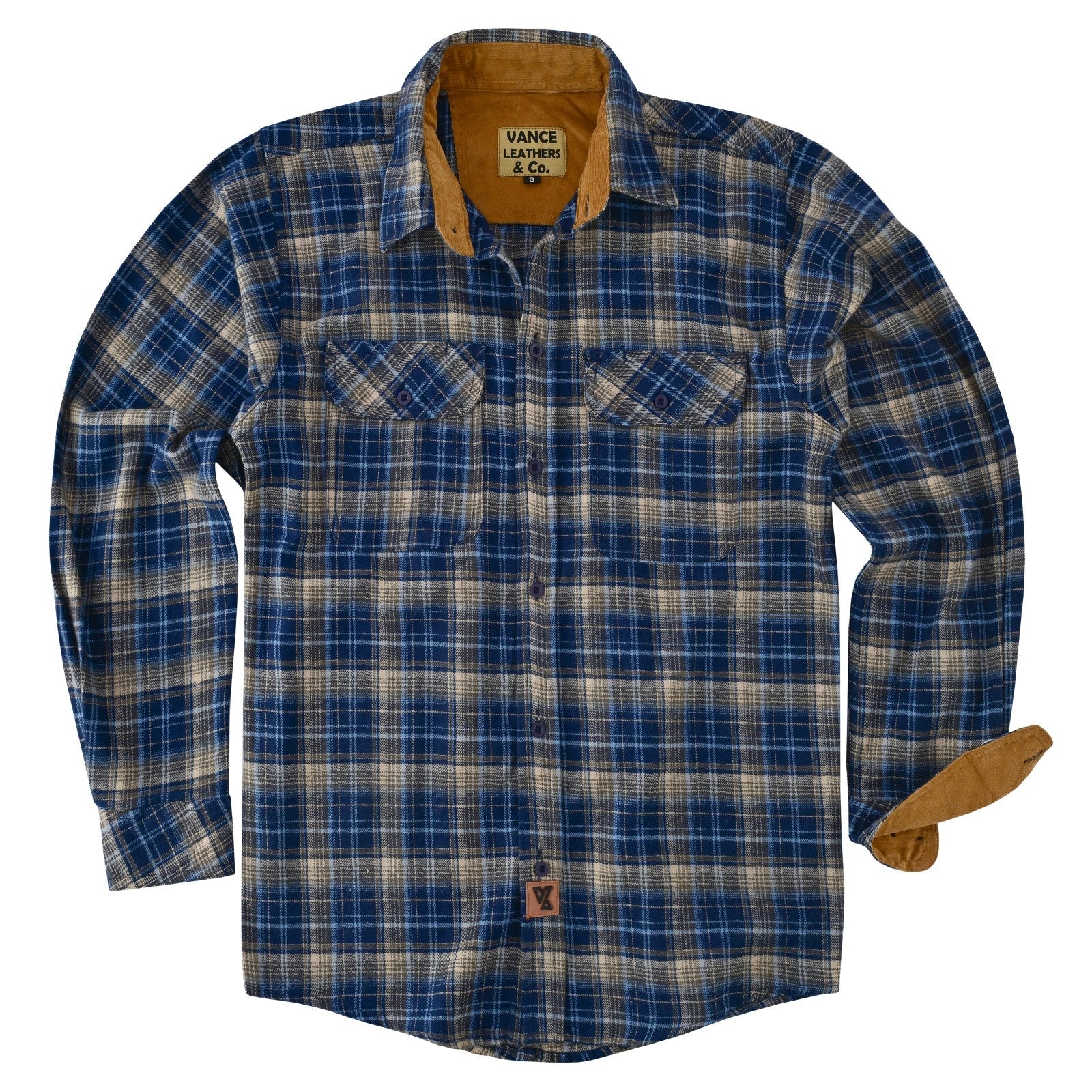 mens-keen-midnight-long-sleeve-plaid-button-down-casual-flannel-shirt-corduroy-collar-cuffs-flat-front-view