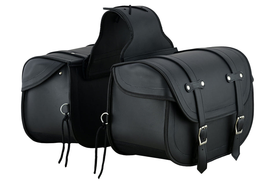 VS221B - Vance Reinforced Black Plain Motorcycle Saddlebags 30L Water-Resistant Fits Honda, Yamaha, Kawasaki, Indian, and Harley-Davidson