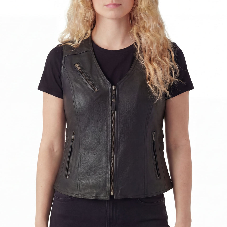 High Mileage HML1037B Womens Black Premium Cowhide Biker Motorcycle Leather Vest With Buckles