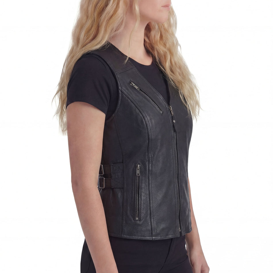 High Mileage HML1037B Womens Black Premium Cowhide Biker Motorcycle Leather Vest With Buckles