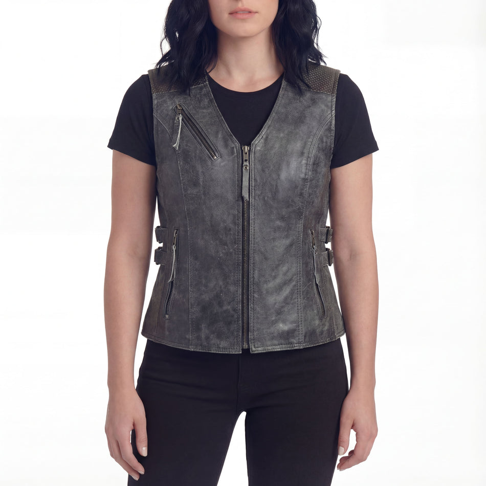 High Mileage HML1037DG Women's Distressed Gray Premium Cowhide Biker Motorcycle Leather Vest With Buckles
