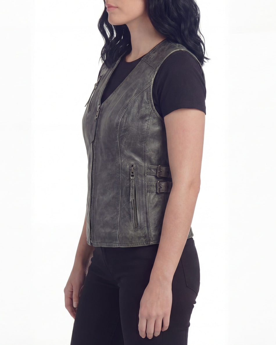 High Mileage HML1037DG Women's Distressed Gray Premium Cowhide Biker Motorcycle Leather Vest With Buckles