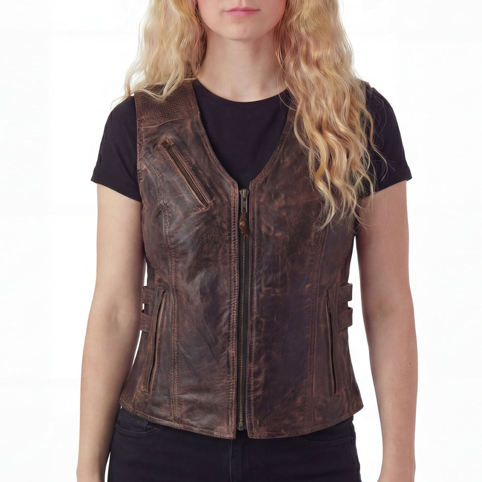 High Mileage HML1037VB Womens Vintage Brown Premium Cowhide Biker Motorcycle Leather Vest With Buckles