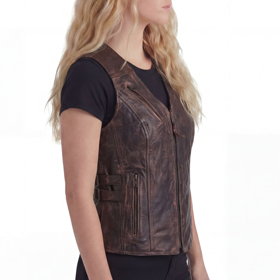 High Mileage HML1037VB Womens Vintage Brown Premium Cowhide Biker Motorcycle Leather Vest With Buckles
