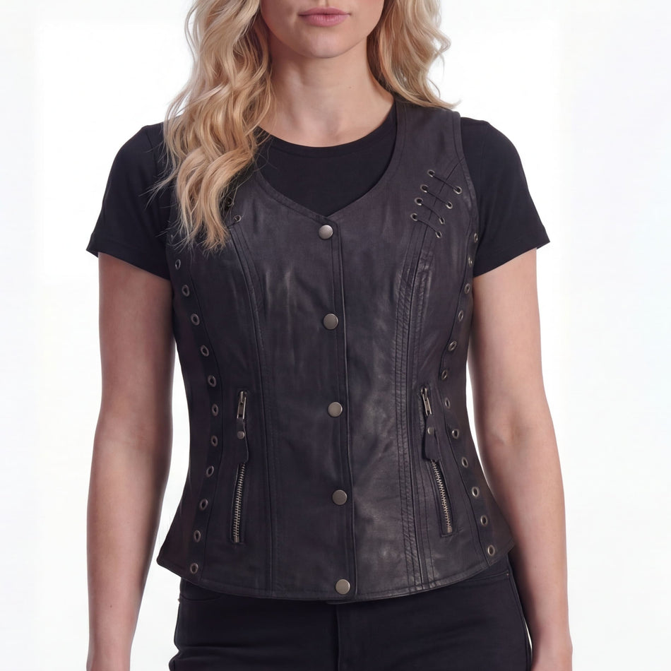 High Mileage HML1038B Women's Black Premium Soft Goatskin Leather Vest With Twill Lace and Grommet Highlights