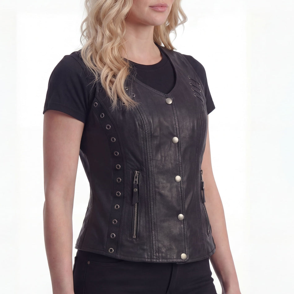 High Mileage HML1038B Women's Black Premium Soft Goatskin Leather Vest With Twill Lace and Grommet Highlights