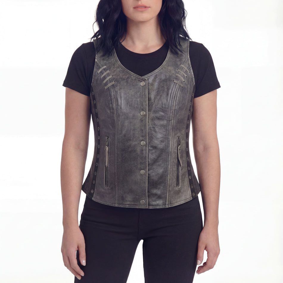 High Mileage HML1038DG Women's Distressed Gray Premium Soft Goatskin Leather Vest With Twill Lace and Grommet Highlights