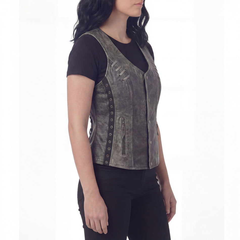 High Mileage HML1038DG Women's Distressed Gray Premium Soft Goatskin Leather Vest With Twill Lace and Grommet Highlights