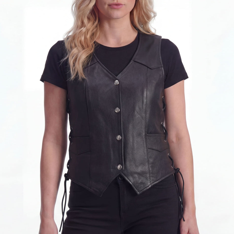 High Mileage HML1040 Womens Black Premium Cowhide Lace Side Biker Leather Vest