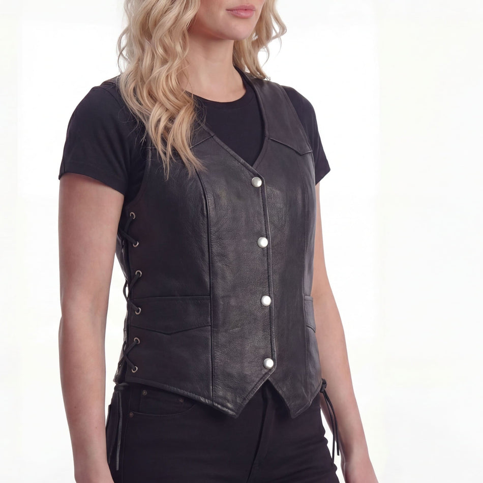 High Mileage HML1040 Womens Black Premium Cowhide Lace Side Biker Leather Vest