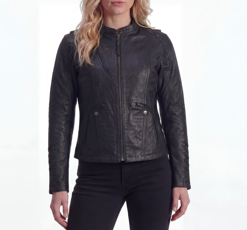 HML638B - High Mileage Womens Lace and Grommet Detail Black Goatskin Leather Lady Biker Motorcycle Fashion Jacket
