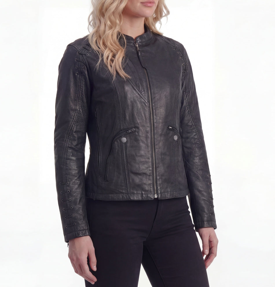 HML638B - High Mileage Womens Lace and Grommet Detail Black Goatskin Leather Lady Biker Motorcycle Fashion Jacket