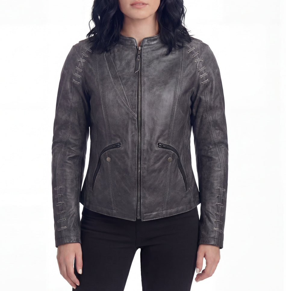High Mileage HML638DG Women's Lace and Grommet Detail Distressed Gray Goat Skin Leather Lady Biker Motorcycle Fashion Jacket