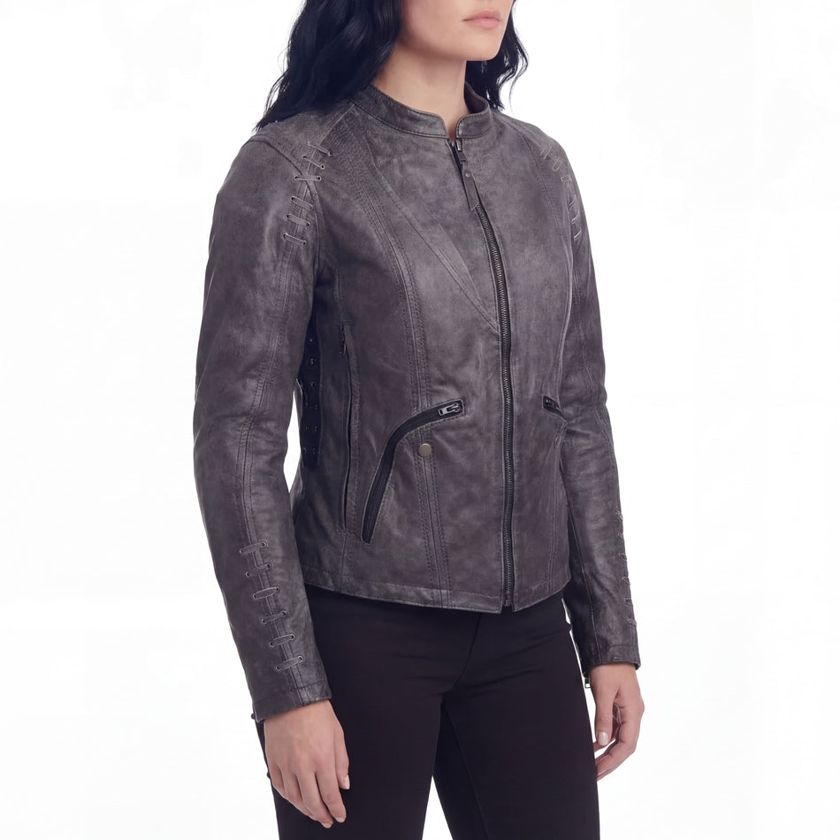 High Mileage HML638DG Women's Lace and Grommet Detail Distressed Gray Goat Skin Leather Lady Biker Motorcycle Fashion Jacket