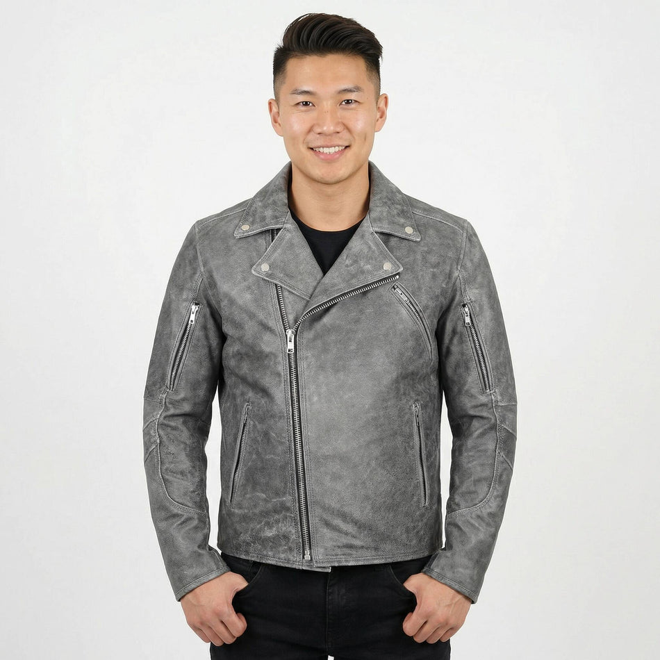 High Mileage HMM517DG Mens Beltless Dual Conceal Carry Distressed Gray Premium Cowhide Leather Biker Motorcycle Jacket