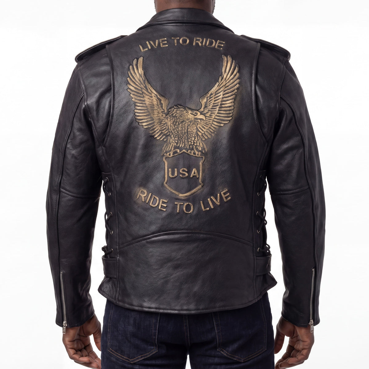 HMM525 - Mens Eagle Embossed Live To Ride - Ride To Live Classic Black Leather Motorcycle Jacket - Gold back